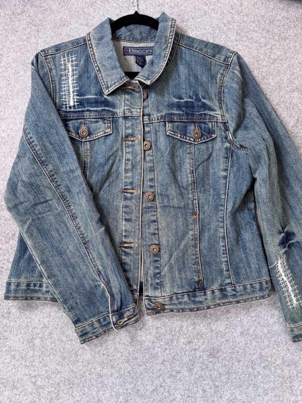 Baccini Women’s Large Distressed Stretch Denim Jacket Embroidered Jean Coat